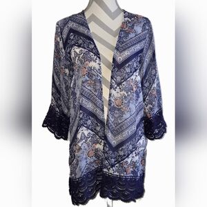 REWIND Blue Boho Kimono with Lace Trim Floral and Zigzag Pattern Size Small